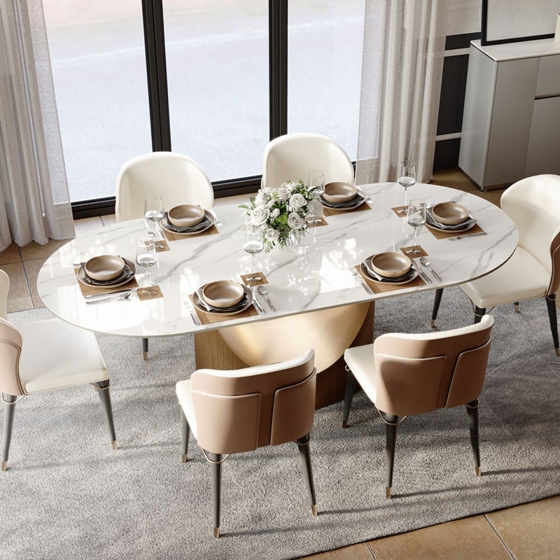 Dining Room Set with Glossy White Sintered Stone Top and Pedestal Base
