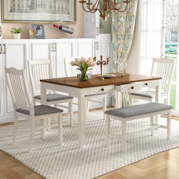 Dining Room Set with Side Drawer Espresso Wood Upholstered Bench