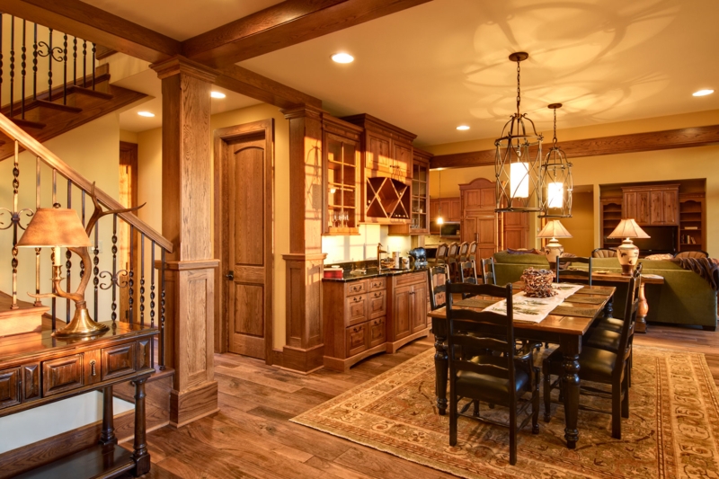 Dining Room Stone Fireplace Vaulted Timber Ceiling Rustic Mountain Lodge
