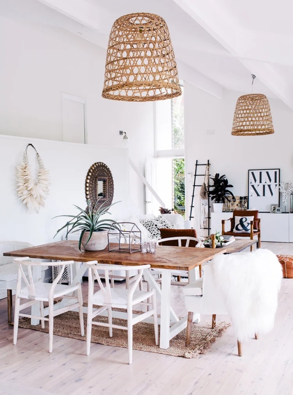 Dining Room with Oversized Woven Pendant and White Wishbone Chairs
