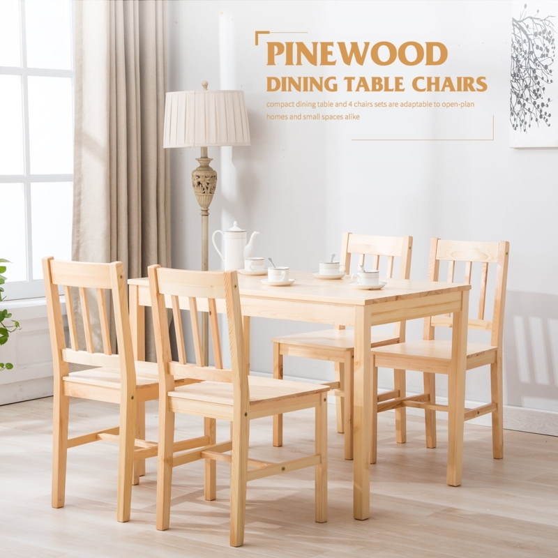 Dining Set 5-Piece, Natural Pine Wood, Slat Back Chairs, Traditional