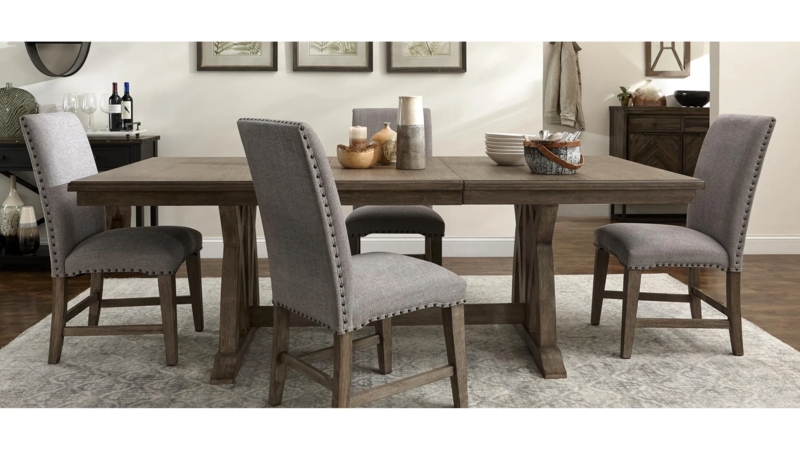 Dining Set 5-Piece Round Cross Pedestal Charcoal Barrel Chairs
