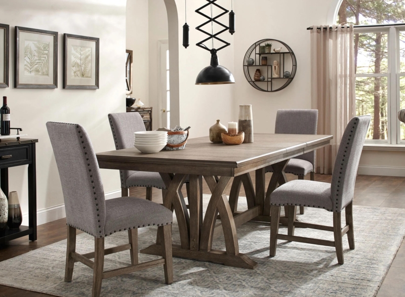 Dining Set 5-Piece Round Pedestal Table Cream Upholstered Chairs
