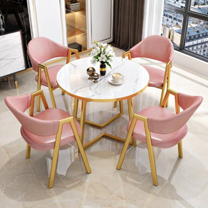 Dining Set 5 Piece Round Table Blush Pink Velvet Channel Tufted