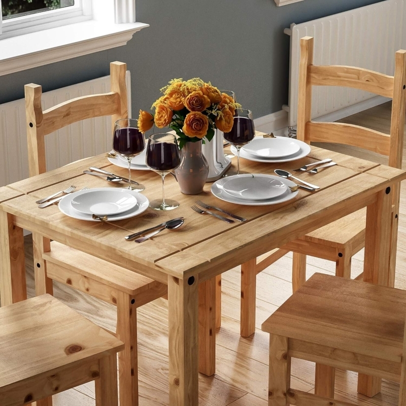 Dining Set 5-Piece Rustic Pine Natural Wood Finish Small Spaces