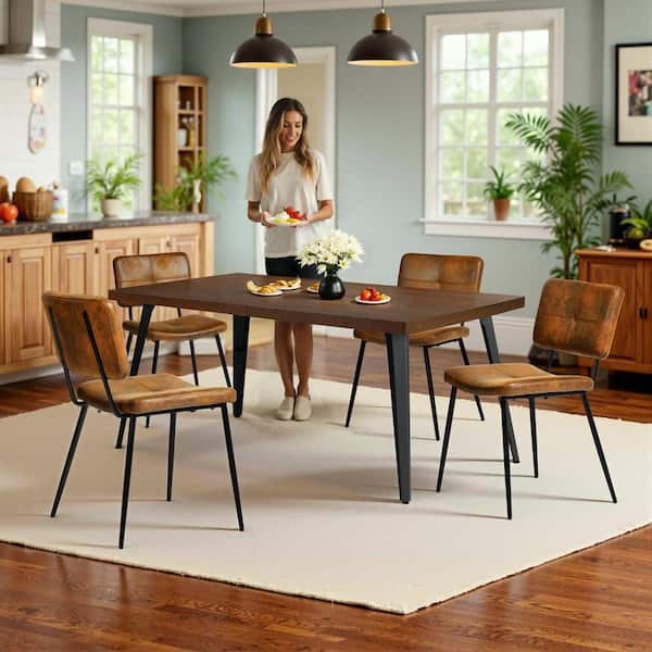Dining Set 5 Piece Walnut Top Camel Suede Chairs