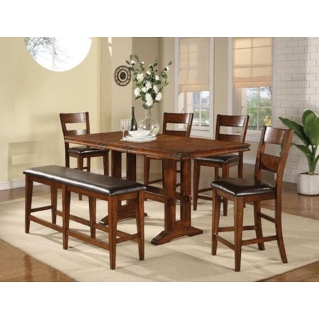 Dining Set 6-Piece Counter Height, Slat Back Stools & Bench
