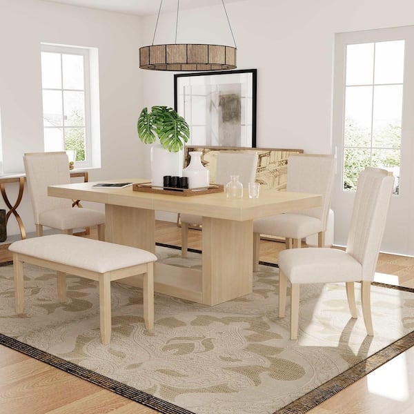 Dining Set 6-Piece Extendable Top Ladder Back Chairs Beige Upholstery