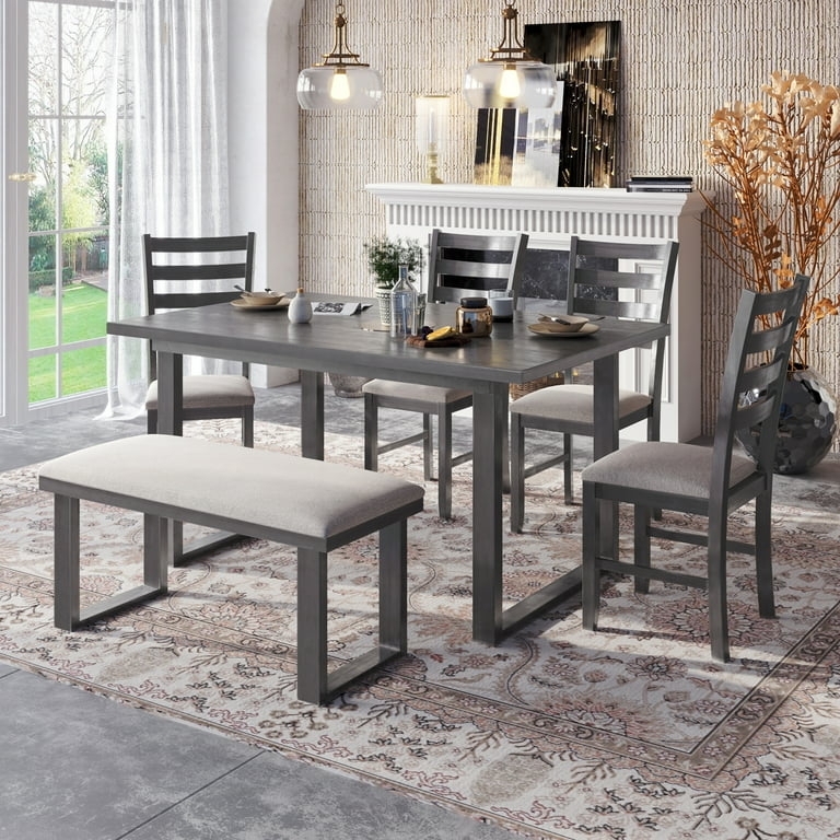 Dining Set 6-Piece Light Gray Finish Transitional X-Back Bench