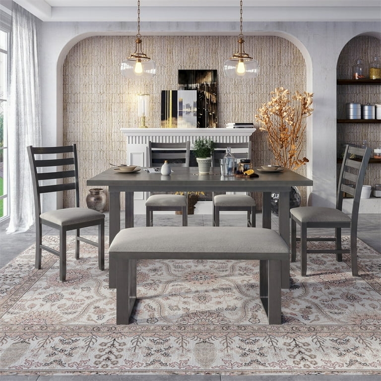 Dining Set 6 Piece Table with Bench Weathered Grey Finish