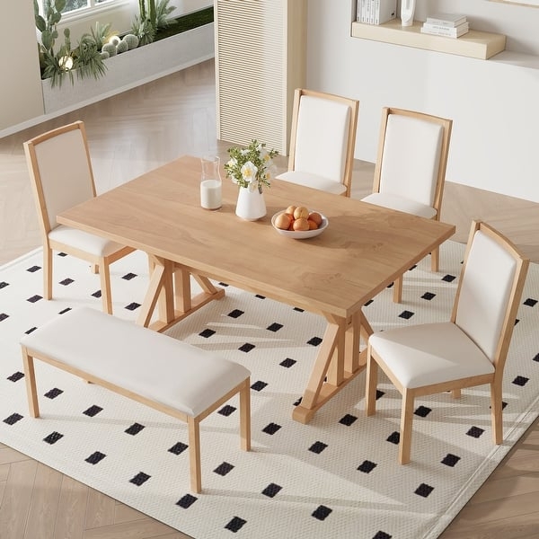 Dining Set 6-Piece Upholstered Bench and Chairs Tapered Wood Legs