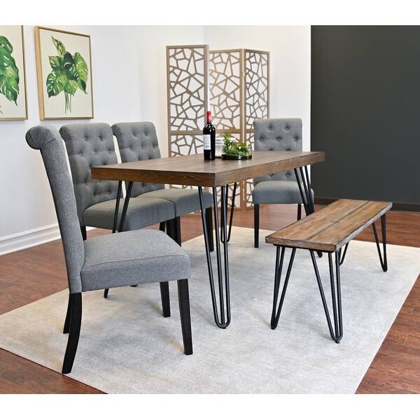 Dining Set 6-Piece Wood Table Bench Gray Chairs Transitional