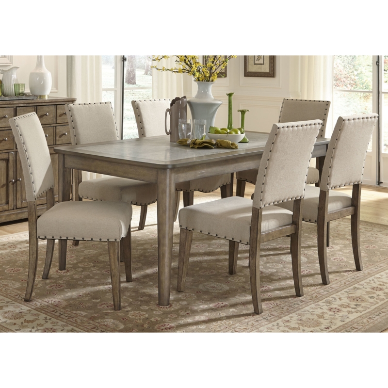 Dining Set 7-Piece Dark Espresso Finish Pedestal Base Beige Upholstery