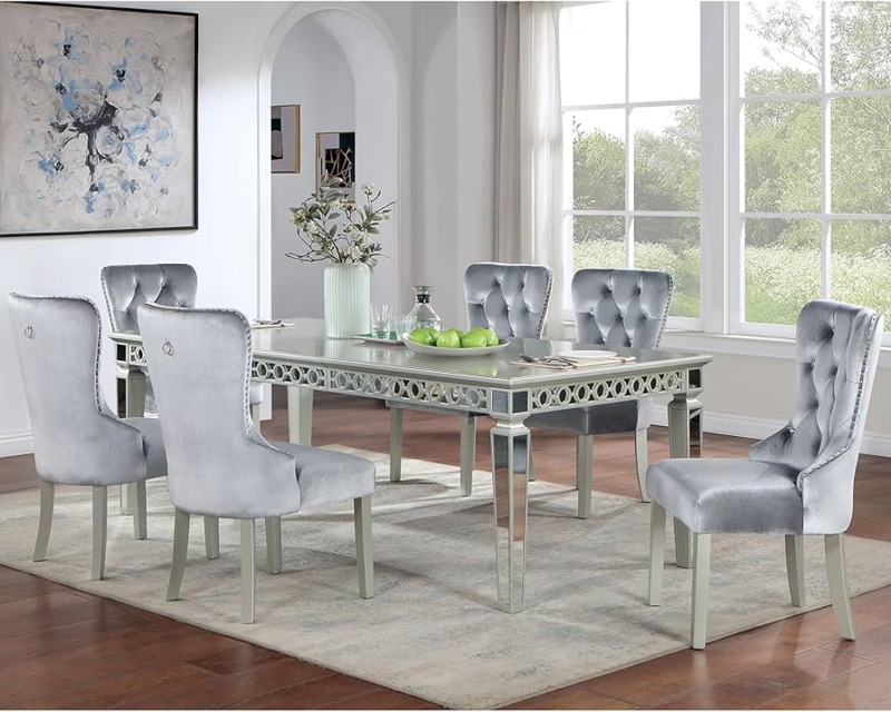Dining Set 7-Piece Mirrored Top Gray Upholstered Chairs Glam