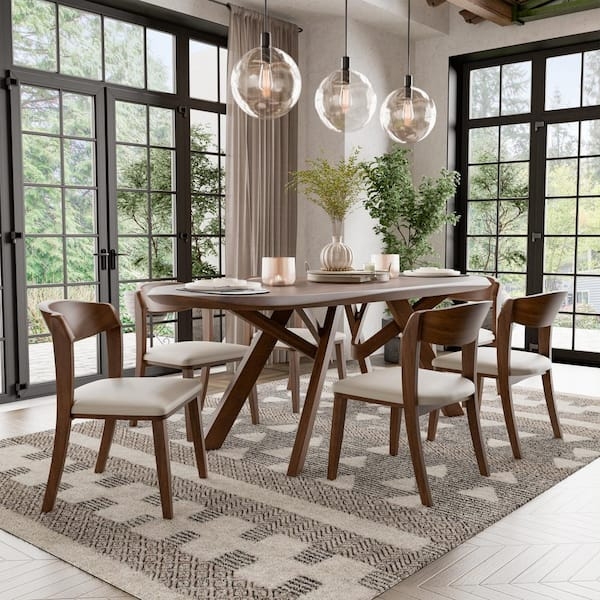 Dining Set, 7-Piece, Oval Walnut Table, Slat Back Chairs