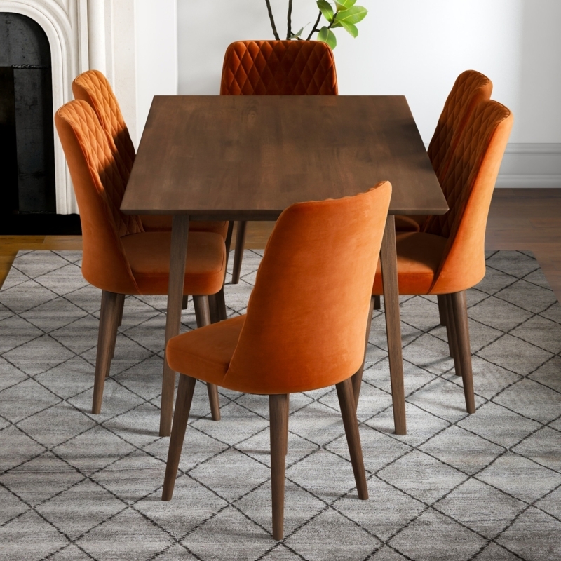 Dining Set 7-Piece with Wood Table and Velvet Chairs