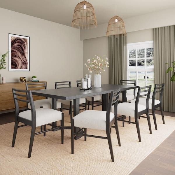 Dining Set 9-Piece Black Finish Ladder Back Chairs Beige Seats