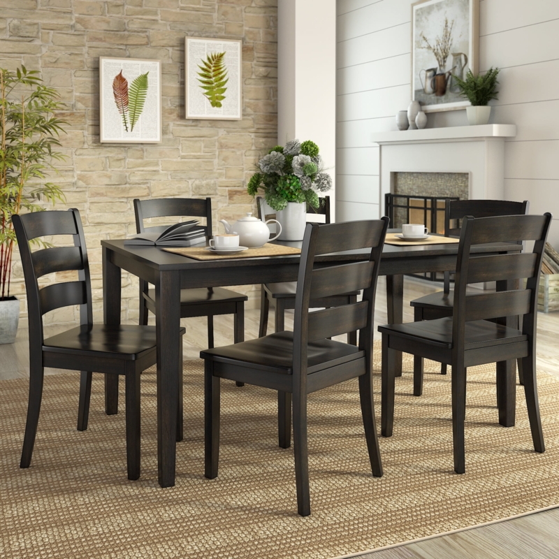 Dining Set All-Black Finish Ladder Back Chairs Rectangular Table