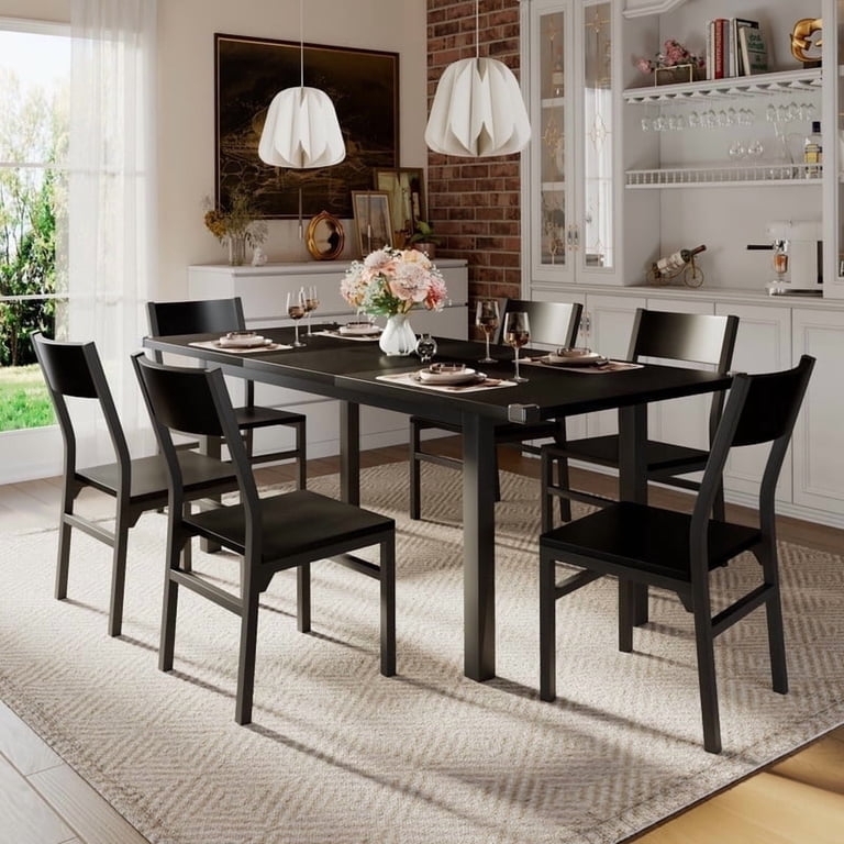 Dining Set All Black Finish Minimalist Metal Frame Ladder Back