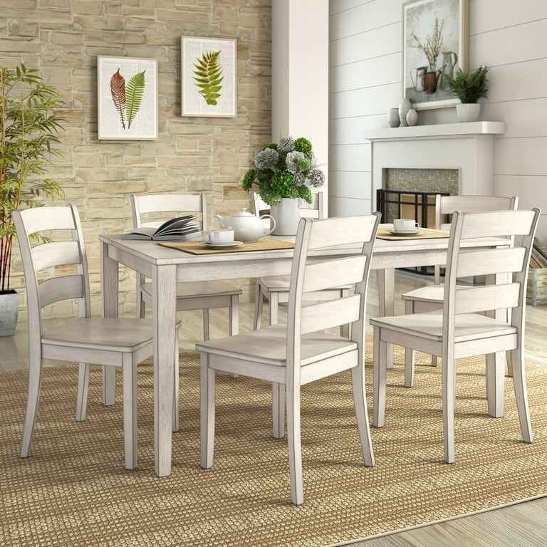 Dining Set All-White Finish Ladder Back Chairs Rectangular Tabletop