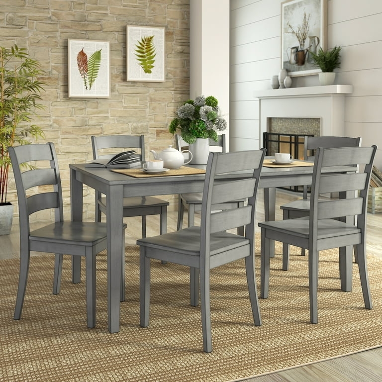 Dining Set Antique Grey Finish Ladder Back Chairs Rectangular Top