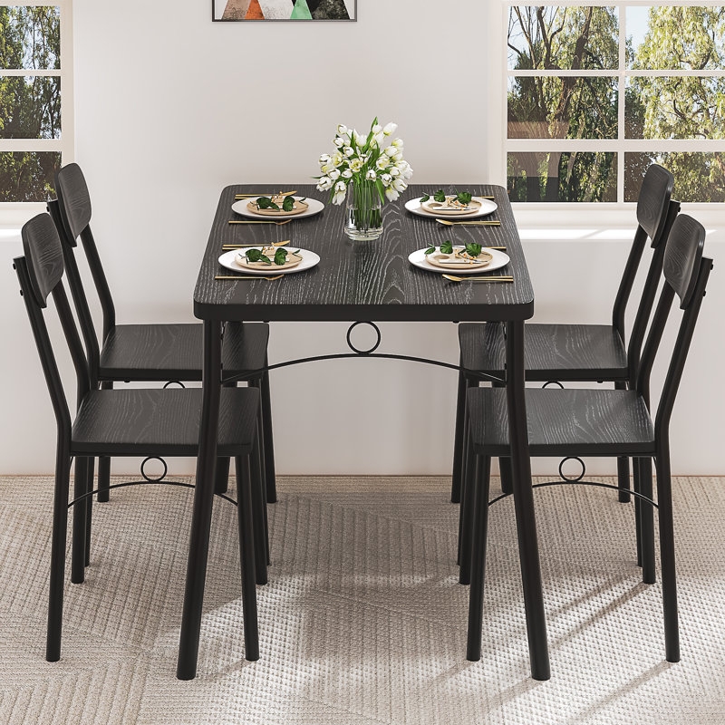 Dining Set Arched Back Chairs Black Metal Frame Light Oak Wood Industrial