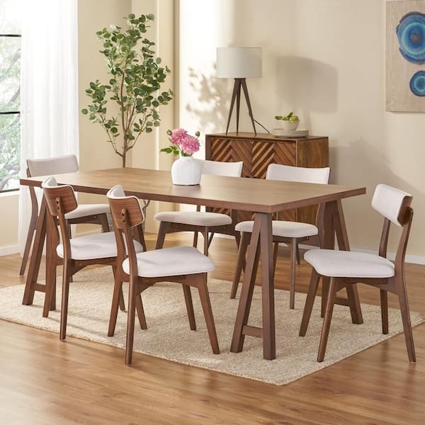 Dining Set Beige Upholstered Walnut Finish Rectangular Top