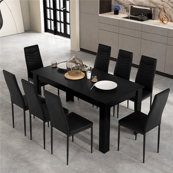 Dining Set Black Top Wire Bracing Tapered Dowel Legs Minimalist