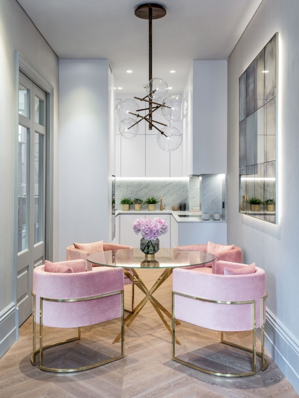 Dining Set Blush Pink Velvet Marble Oval Table Ornate Wall Paneling
