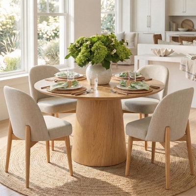 Dining Set Button Tufted Chairs Round Wood Table Transitional Nook