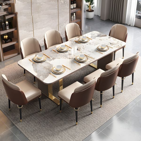 Dining Set Channel Tufted Chairs Gold Geometric Base Luxury 8 Seater