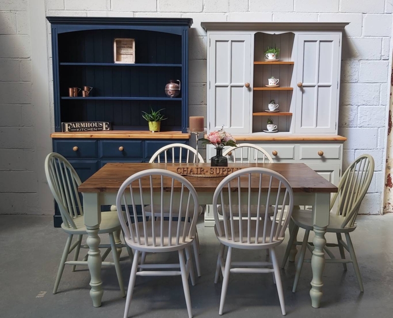Dining Set, Chunky Turned Legs, White & Wood Rectangular Farmhouse Table