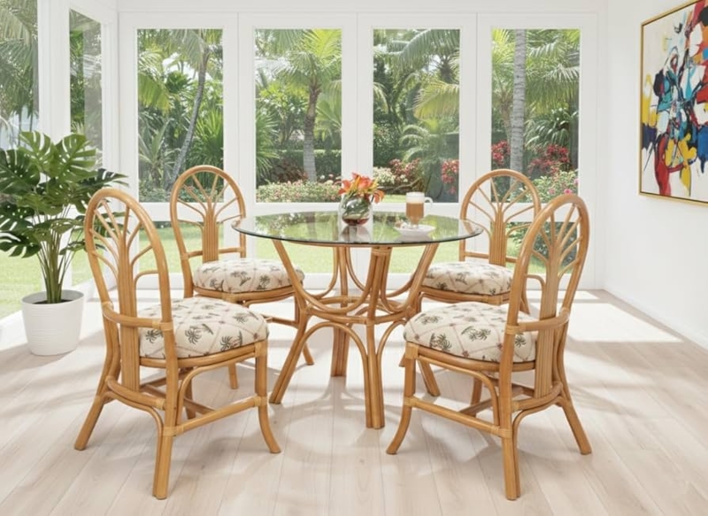 Dining Set: Coastal 5-Piece with Woven Rattan Base and Glass Top.