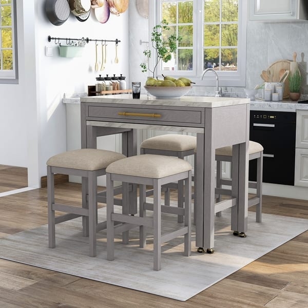 Dining Set Counter Height Grey Wood Toned Backless Stools Small Space