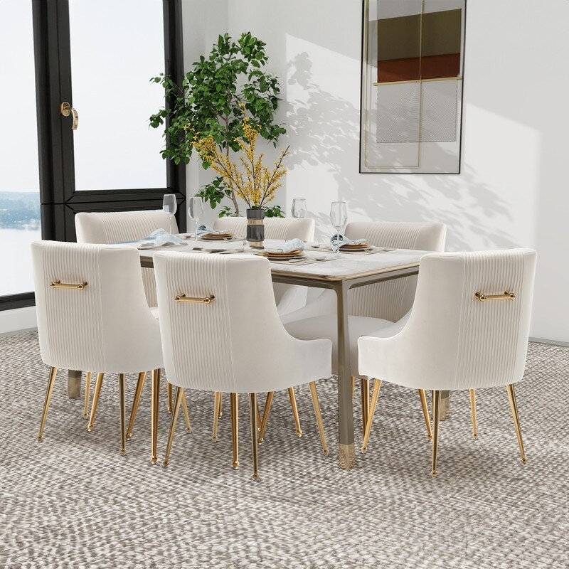 Dining Set Cream Boucle Texture Pleated Back Gold Tapered Legs