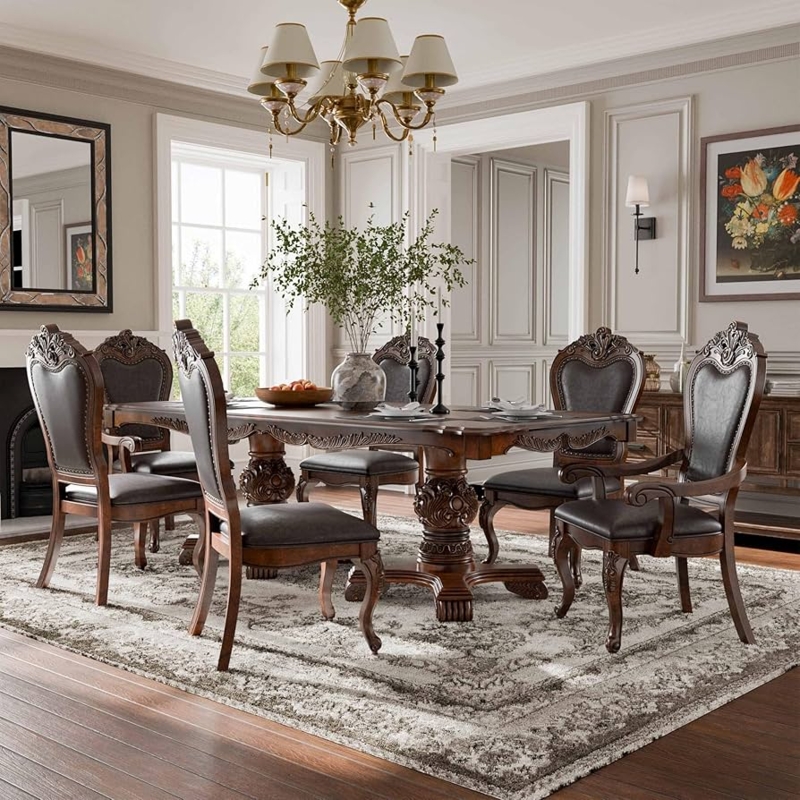Dining Set Dark Cherry Double Pedestal Scrolled Chairs