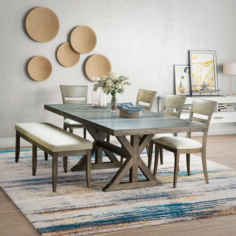 Dining Set: Dark Wood Rectangular Table & Cream Tonal Upholstery