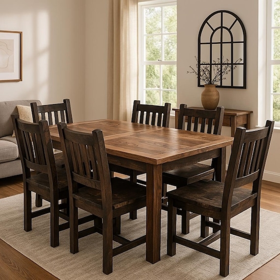 Dining Set Dark Wood Tapered Legs Black Seats Geometric Pattern Rug
