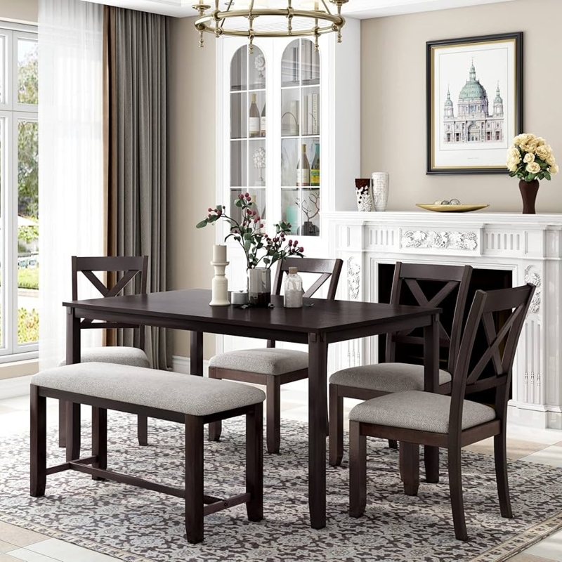 Dining Set Dark Wood X-Back Chairs Bench Gray Upholstery