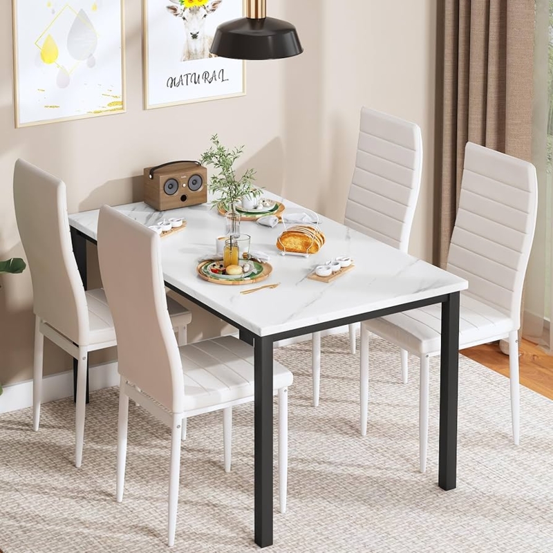 Dining Set Faux Marble Top Black Metal Frame Beige PU Leather 5-Piece