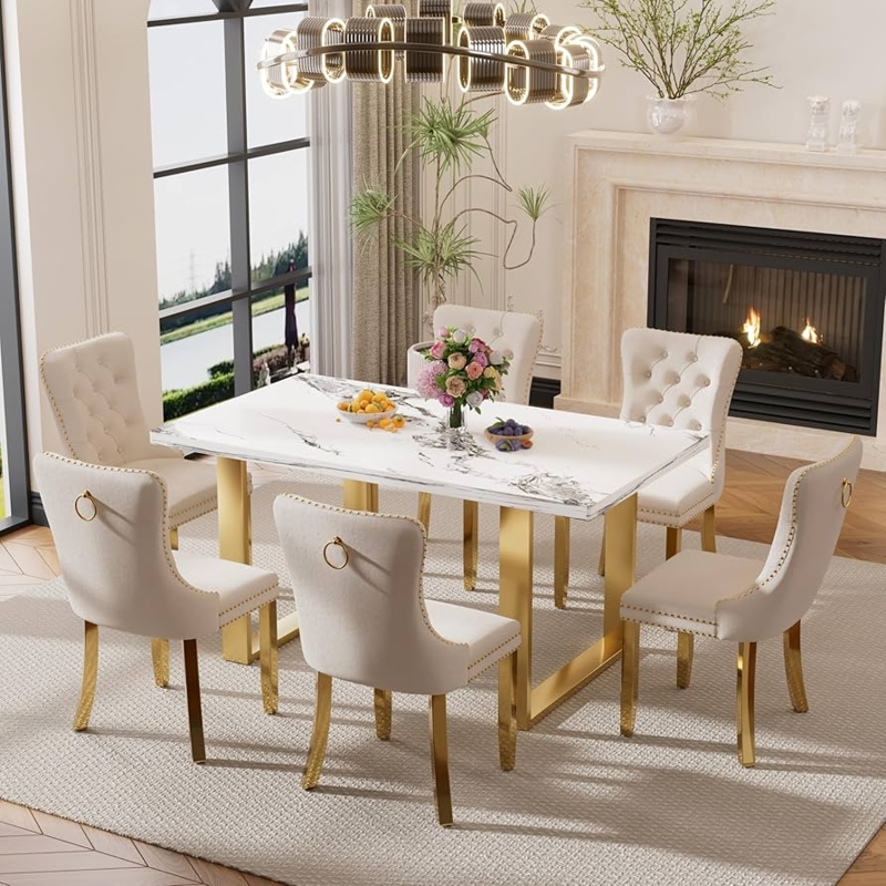 Dining Set Faux Marble Top Gold Trestle Base Luxury Tufted Chairs