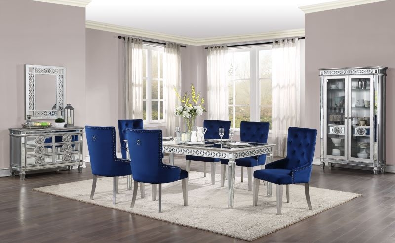 Dining Set Formal Mirrored Top Table Champagne Tufted Chairs