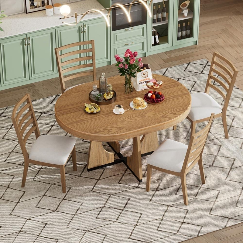 Dining Set Geometric Pedestal Base Round Extendable Top Cream Chairs