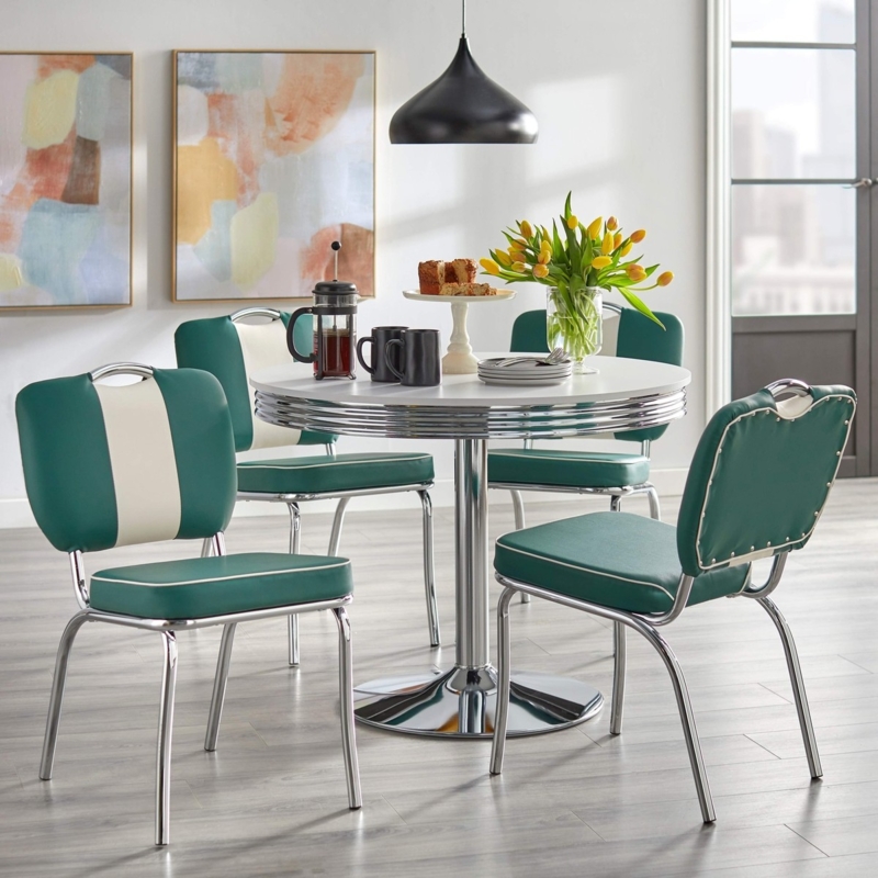 Dining Set Glam Dark Green Diamond Tufted Gold Legs Marble Tabletop