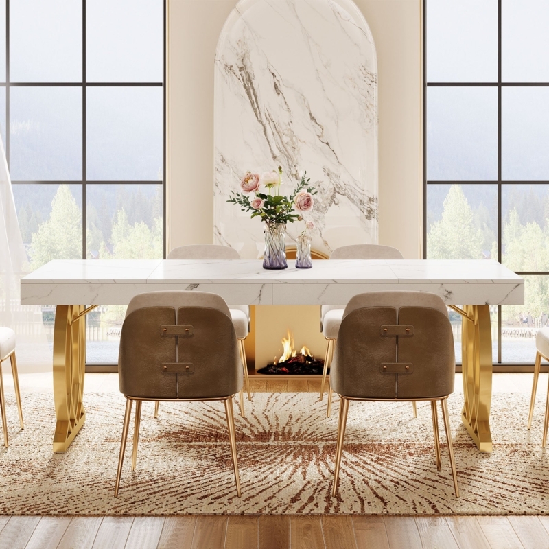 Dining Set Glam Gold Metal Frame Faux Marble Top Channel Tufted Chairs