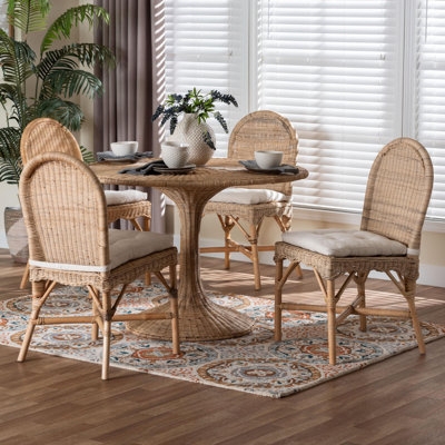 Dining Set Glass Top Table Woven Rattan Frames White Cushions