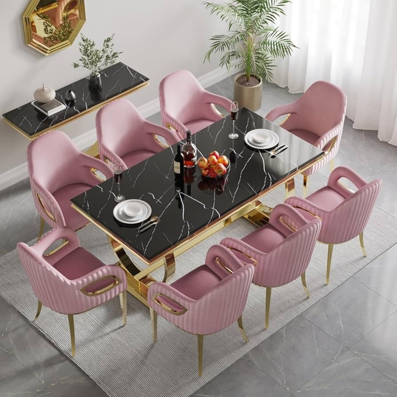 Dining Set Gold Circle Base Pink Velvet Round Marble Look