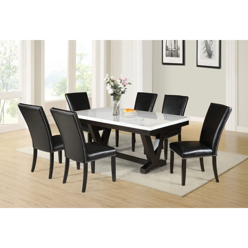 Dining Set Gold Tipped Legs White Marble Top Contemporary Style