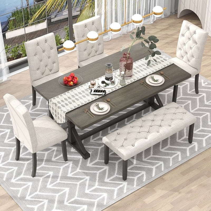 Dining Set Gray Wash Finish Beige Upholstered Chairs Matching Bench