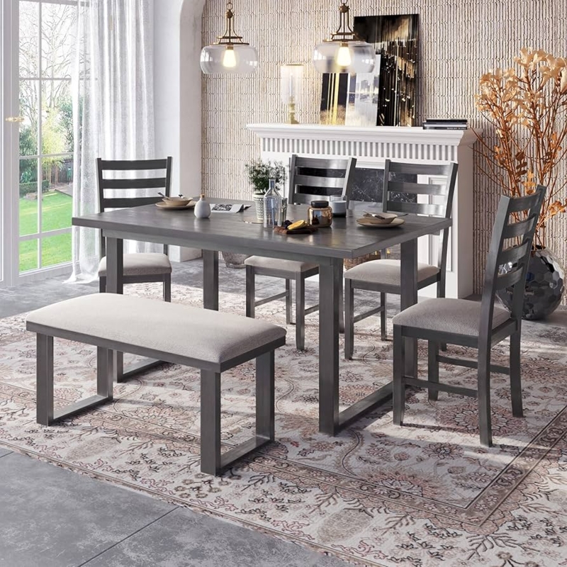 Dining Set Gray Washed Wood Finish Bench and Ladder Back Chairs